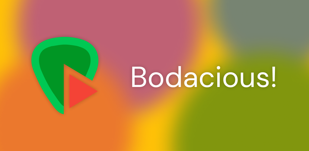 The guitar pick and play symbol used as the logo, followed by the name, Bodacious!