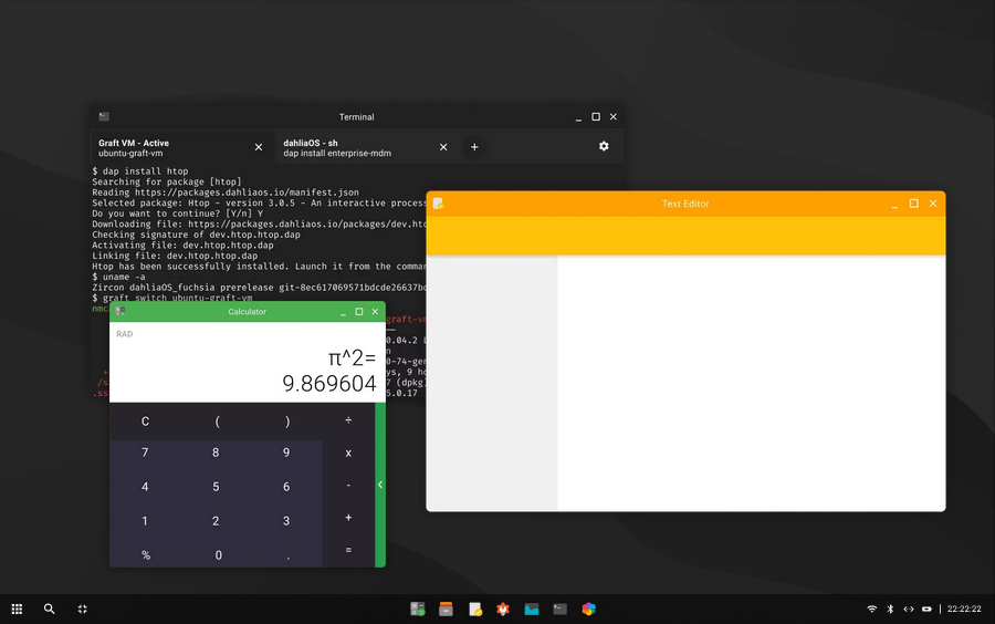 A screenshot of the dahliaOS desktop, with the calculator, terminal, and notes apps open.